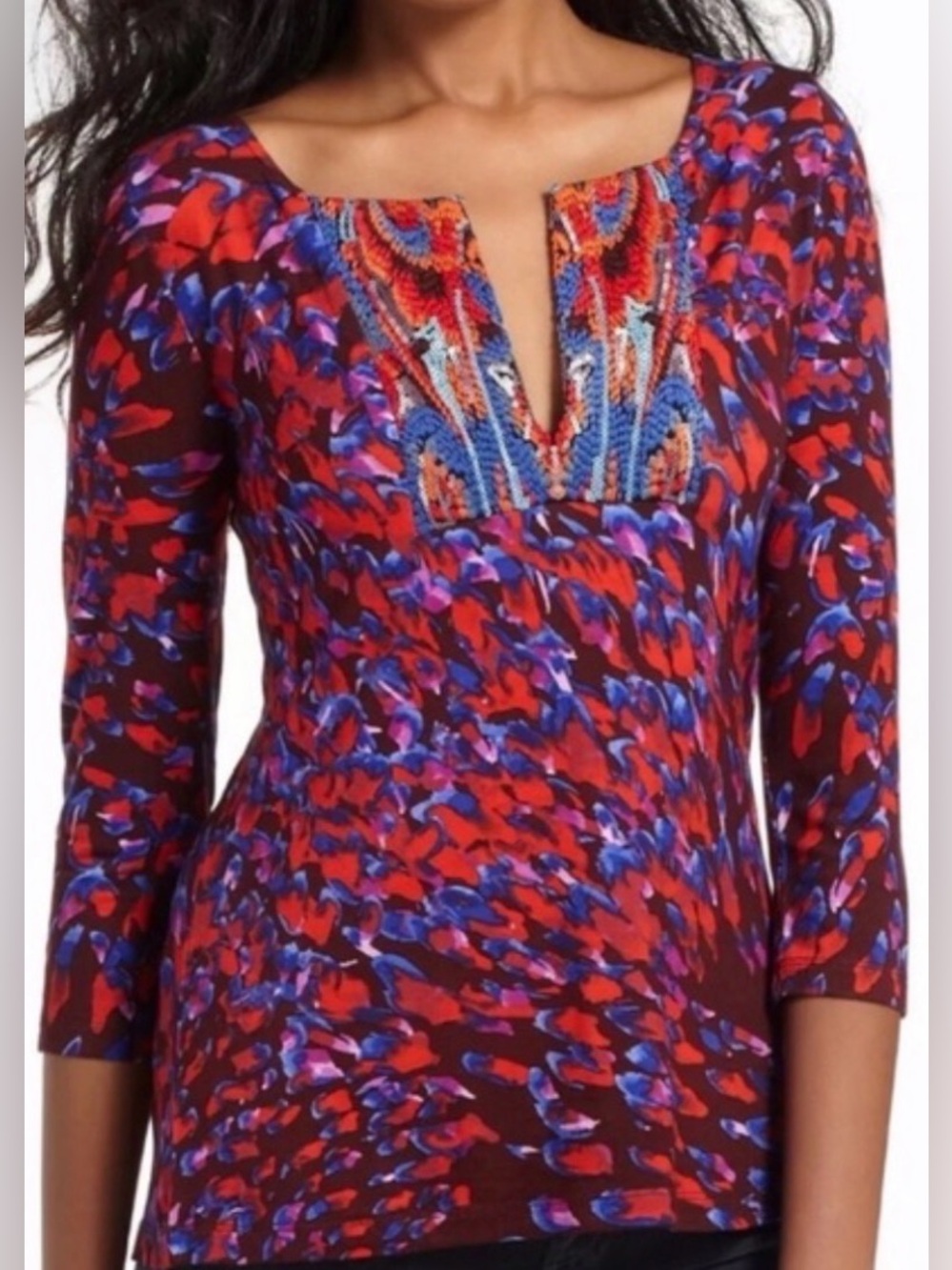 Anthropologie A Common Thread Watercolor Top w/ Embellished V Neck Size M